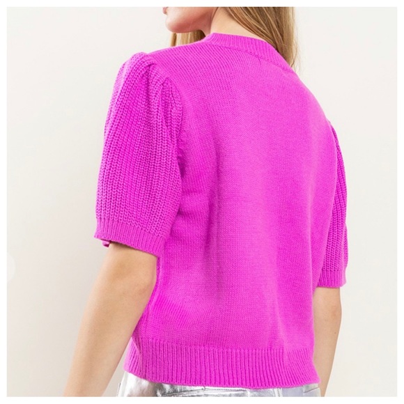 3D Heart Textured Balloon Sleeve Knit Sweater Top - Picture 3 of 6